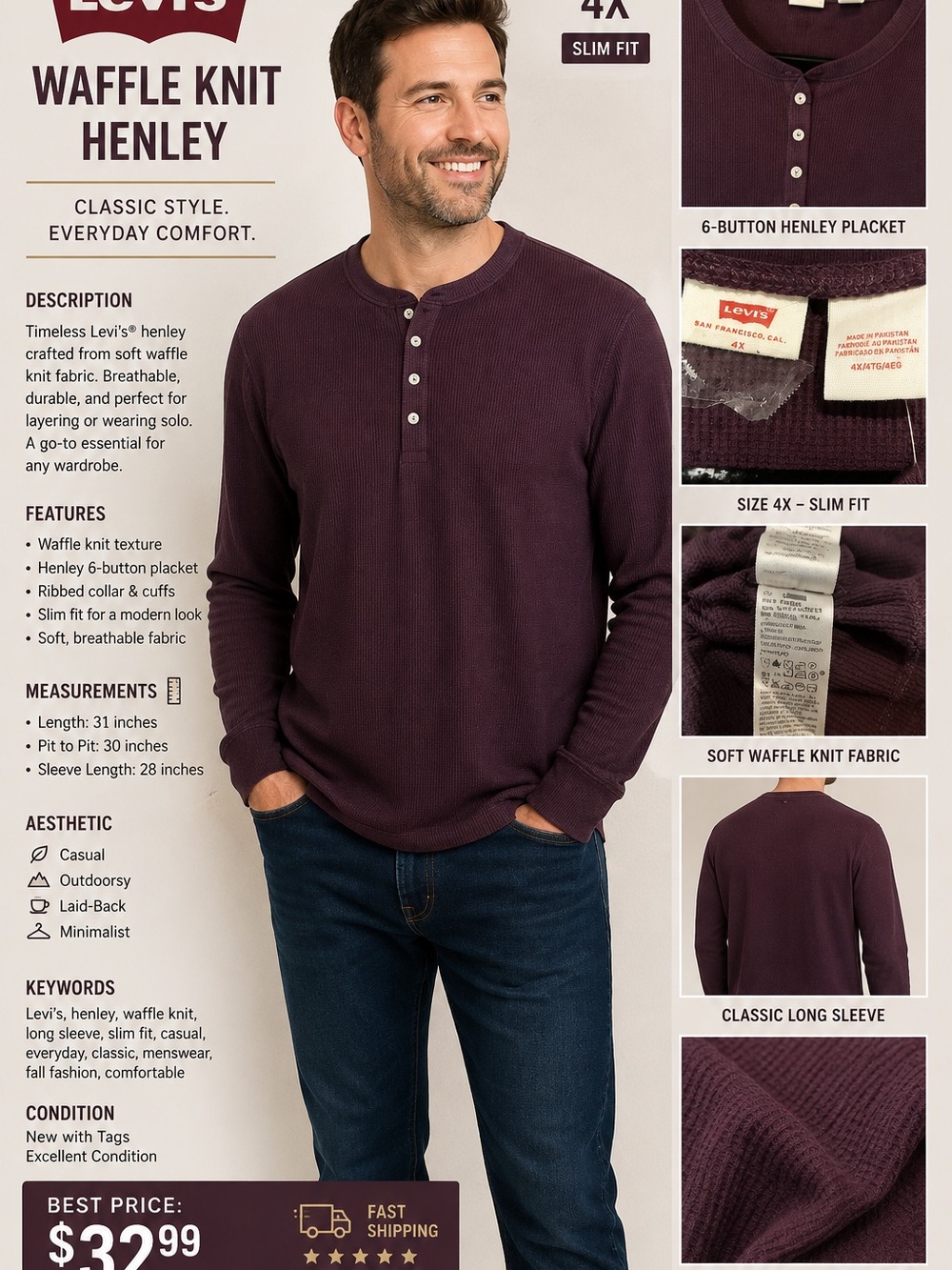 Levi's Waffle Knit Henley Top - Plum